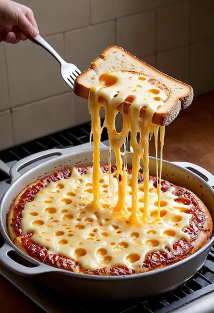 Photo stringy cheese pulls from grilled cheese sandwich