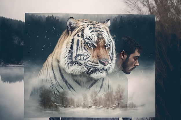 Striped bengal tiger in double exposure merge its head with superb background