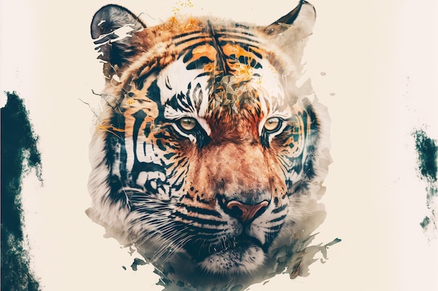 Striped bengal tiger in double exposure merge its head with superb background