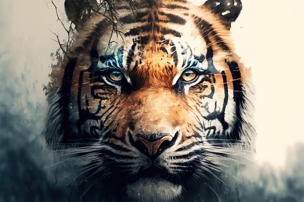 Striped bengal tiger in double exposure merge its head with superb background