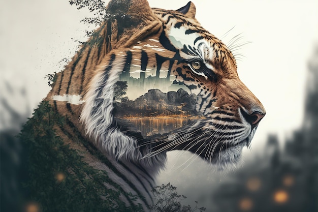 Striped bengal tiger in double exposure merge its head with superb background