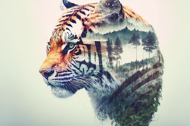 Striped bengal tiger in double exposure merge its head with superb background