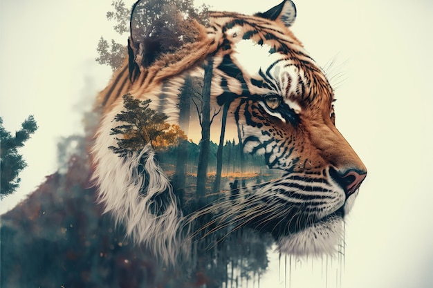 Striped bengal tiger in double exposure merge its head with superb background