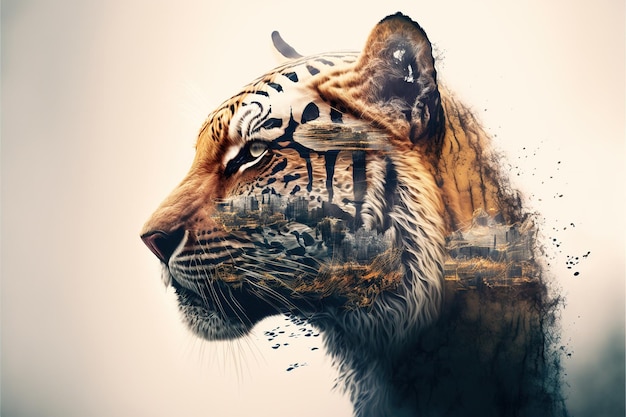 Striped bengal tiger in double exposure merge its head with superb background