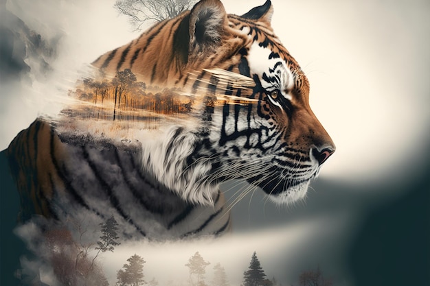 Striped bengal tiger in double exposure merge its head with wondrous background