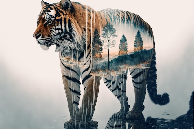 Striped bengal tiger in double exposure merge its head with wondrous background