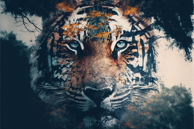 Striped bengal tiger in double exposure merge its head