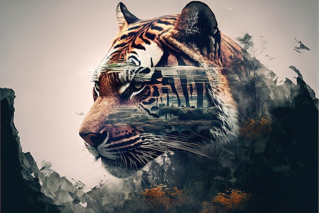 Striped bengal tiger in double exposure merge its head