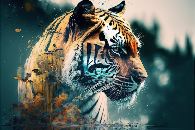 Striped bengal tiger in double exposure merge its head