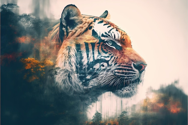 Striped bengal tiger in double exposure merge its head