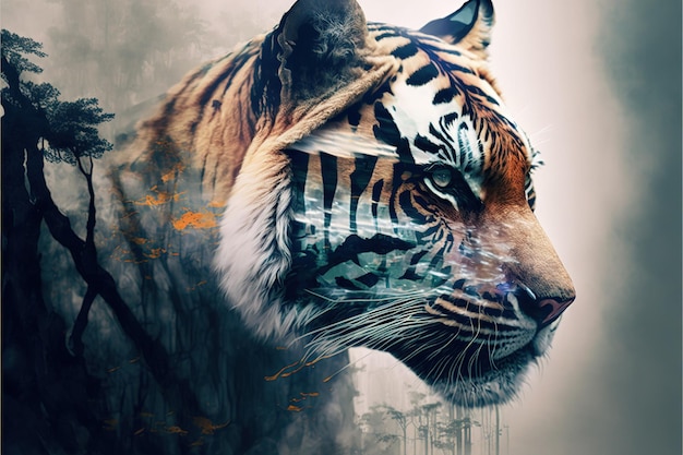 Striped bengal tiger in double exposure merge its head