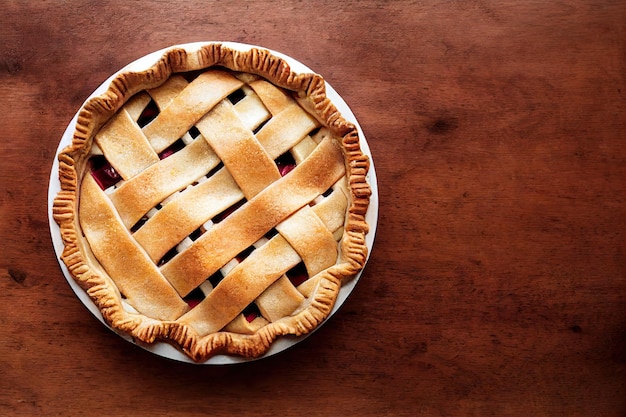 Striped braided apple pie with fruit on wooden background