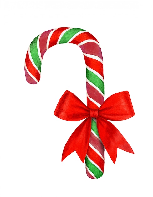 Striped candy cane with a bow watercolor illustration