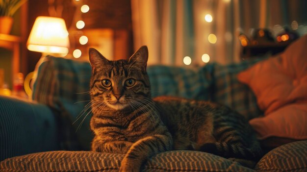 Striped cat at home cozy living room with warm ambient lighting peaceful and inviting atmosphere detailed and sharp hd quality ar 169 Job ID cb77180e10a34e15bbea9c855088f549