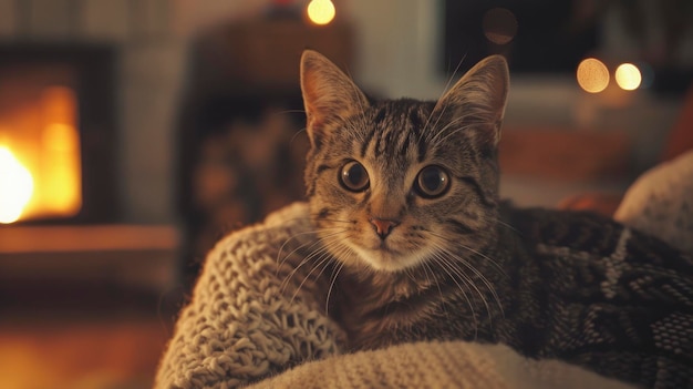 Striped cat at home cozy living room with warm ambient lighting peaceful and inviting atmosphere detailed and sharp hd quality ar 169 Job ID cb77180e10a34e15bbea9c855088f549