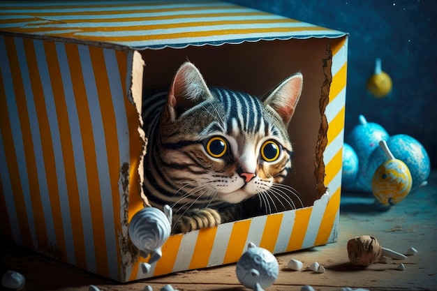 Striped cat with yellow eyes stares intently at toy from small hole in cardboard house