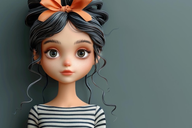 In a striped dress and a bow this cartoon girl is adorable