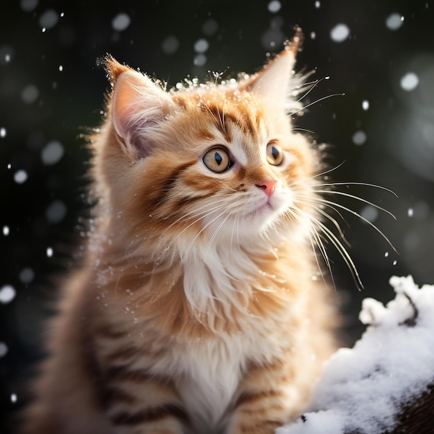 striped fluffy cute beautiful cat turned around and looks to the right with blue eyes on a colored background oil painting