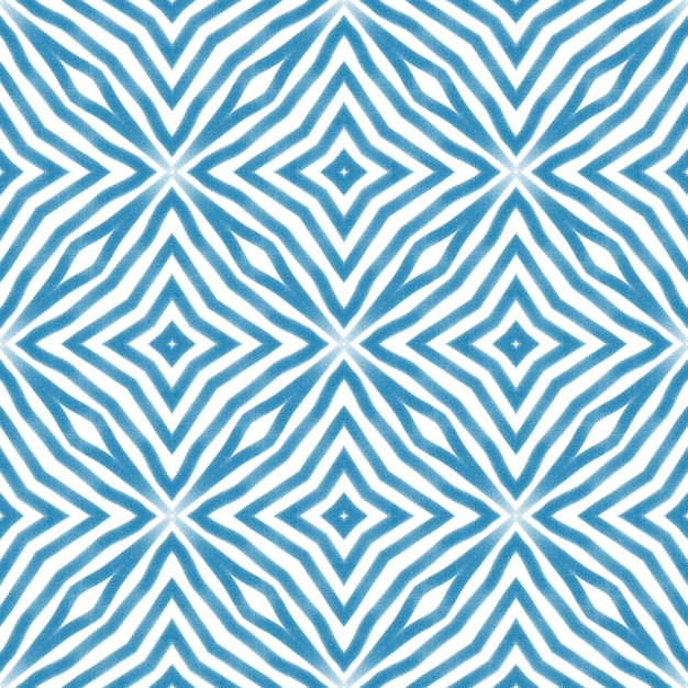 Striped hand drawn pattern. Blue symmetrical kaleidoscope background. Repeating striped hand drawn tile. Textile ready decent print, swimwear fabric, wallpaper, wrapping.