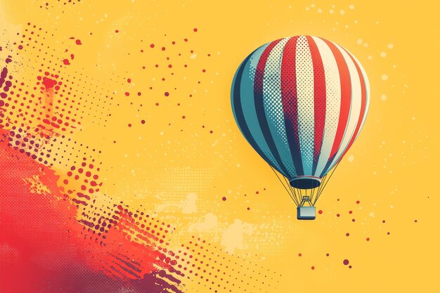 Striped Hot Air Balloon in Yellow Sky with Red and Orange Abstract Background