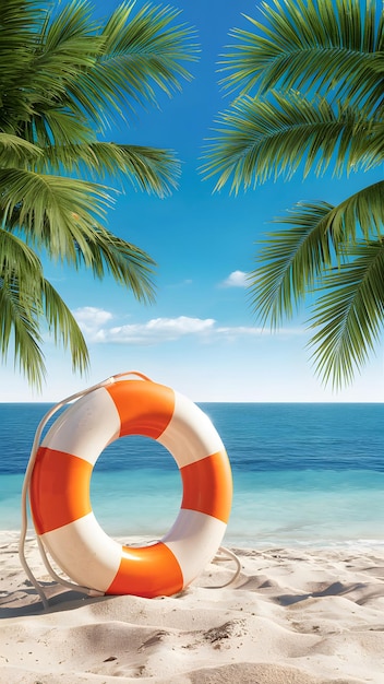 Striped lifebuoy on sandy beach with azure sea green palms and clear sky Vertical Mobile Wallpaper