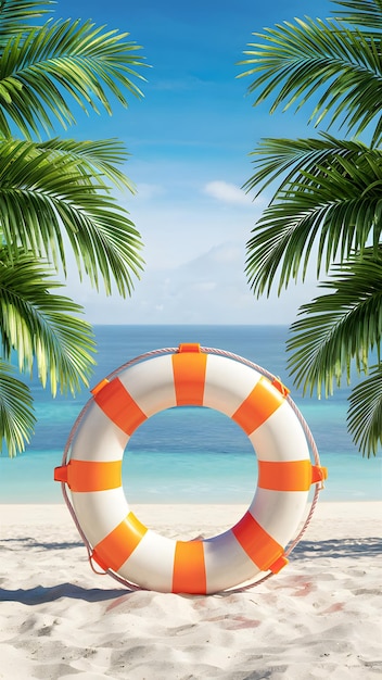 Striped lifebuoy on sandy beach with azure sea green palms and clear sky Vertical Mobile Wallpaper