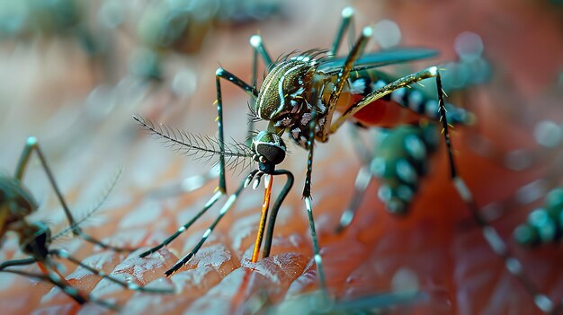 Photo striped mosquitoes are eating blood on human skin mosquitoes