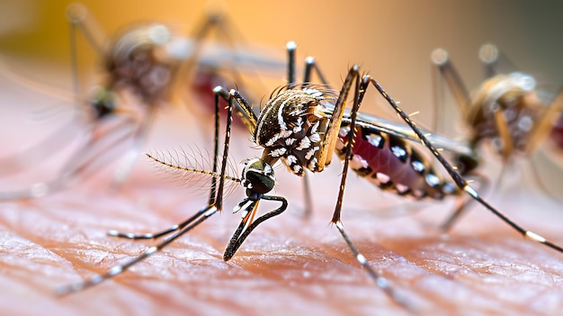 Photo striped mosquitoes are eating blood on human skin mosquitoes