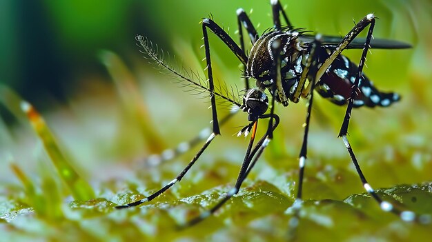 Striped mosquitoes are eating blood on human skin Mosquitoes