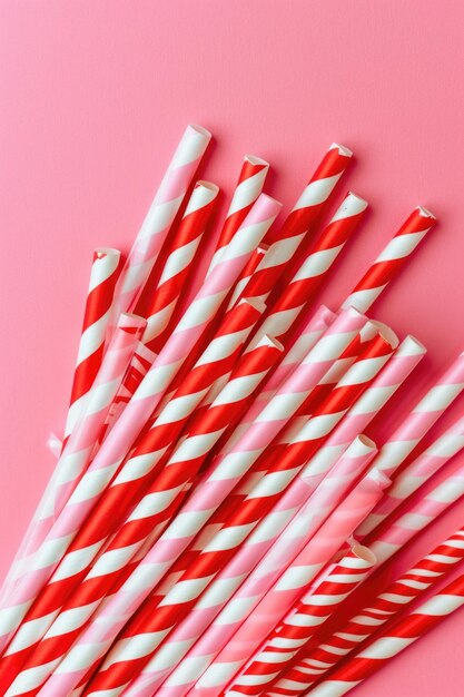 Striped paper straws on a yellow background Flat lay composition with copy space