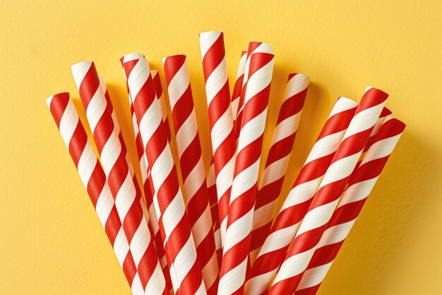 Striped paper straws on a yellow background Flat lay composition with copy space