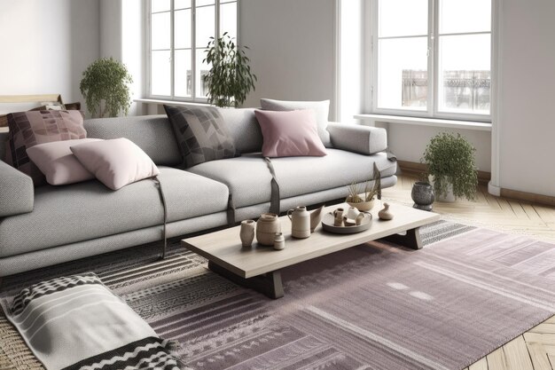 A striped rug and cushions on a stylish couch may be found in a beige living room Generative AI