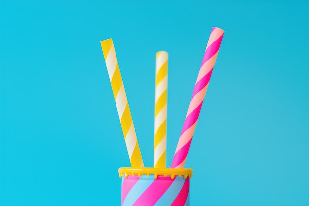 Photo striped straws in a pink and blue cup on a blue background