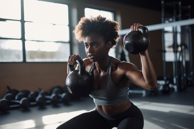 Strong african american black woman working out in a gym Generative AI