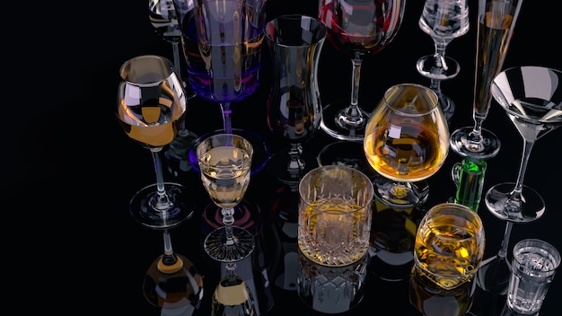 Strong alcoholic drinks, glasses on a dark background