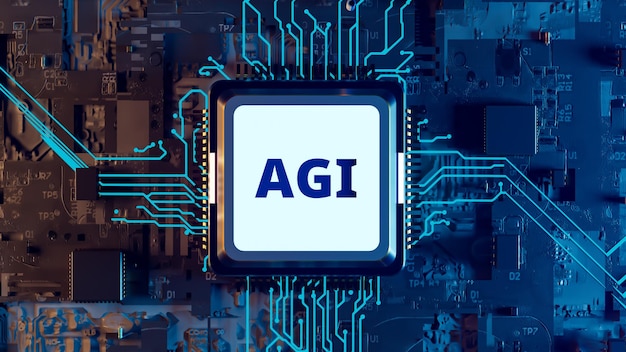 Strong Artificial Intelligence AGI motherboard and CPU background 3D rendering