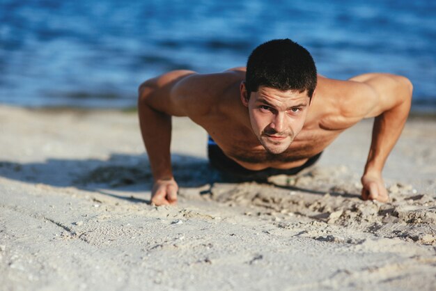 Strong attractive runner is pushed from the floor