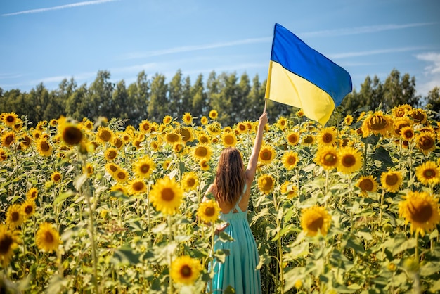 Strong beautiful Woman in Holding Ukraine Flag amongst Sunflowers Standing for Peace