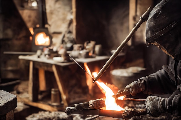 Strong blacksmith processing metal on anvil and working with fire