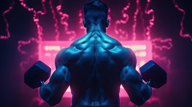 Strong bodybuilder with dumbbells showing biceps muscular man in neon colors