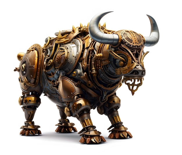 A strong brass plated robot bull with enormous steam exhausts and a steam engine Generative AI