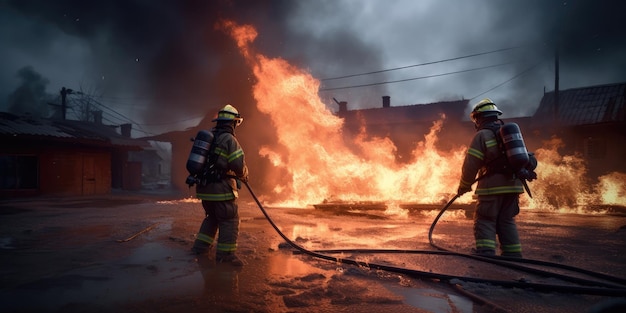 Strong and brave firefighters extinguish a fire Generative AI Dramatic silhouette of firefighter in full gear exploring the huge fire zone Lifeguards with fire hoses in smoke and fire Fire