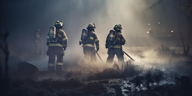 Strong and brave firefighters extinguish a fire Generative AI Dramatic silhouette of firefighter in full gear exploring the huge fire zone Lifeguards with fire hoses in smoke and fire Fire