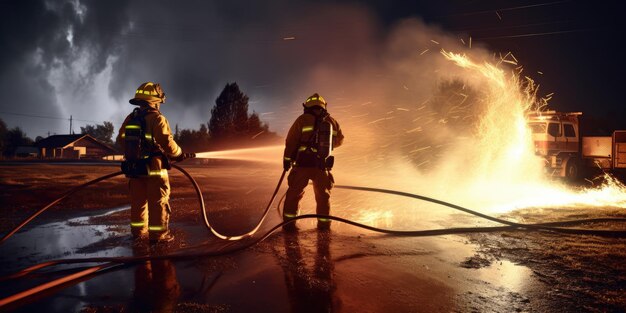 Strong and brave firefighters extinguish a fire Generative AI Dramatic silhouette of firefighter in full gear exploring the huge fire zone Lifeguards with fire hoses in smoke and fire Fire