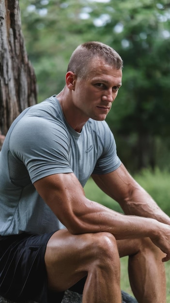 Strong caucasian man taking break after workout outdoors