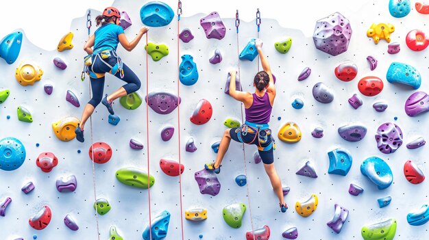 Photo strong couple of climbers conquering artificial wall in action