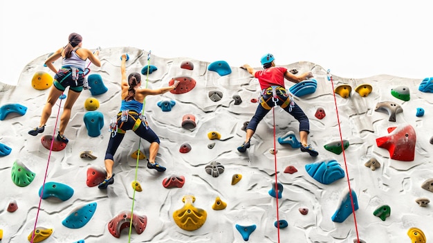 Photo strong couple of climbers conquering artificial wall in action