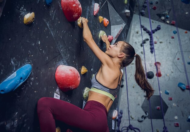 A strong female climber climbs an artificial wall with colorful grips and ropes