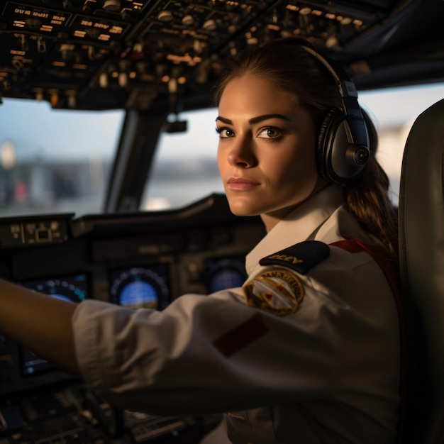 A strong female pilot in a cockpit confidently preparing for takeoff