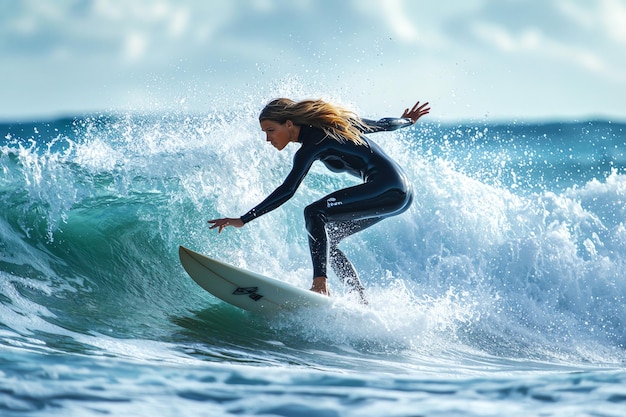 Photo strong female surfer symbolizing balance and strength in watersports